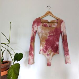 Le Lis Pink Tie Dye Square Neck Ribbed Long Sleeve Bodysuit